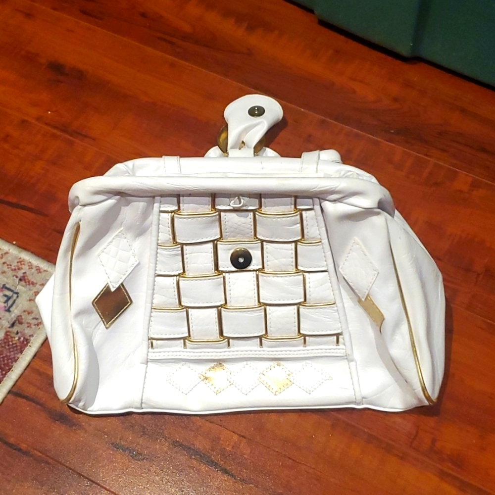 vinyl white handbag with gold trim